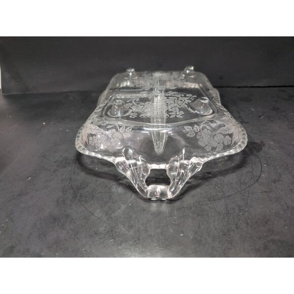 Fostoria Etched Glass Divided Relish‎ Dish, Basket Floral Design, 3-Part Serving - Picture 8 of 10